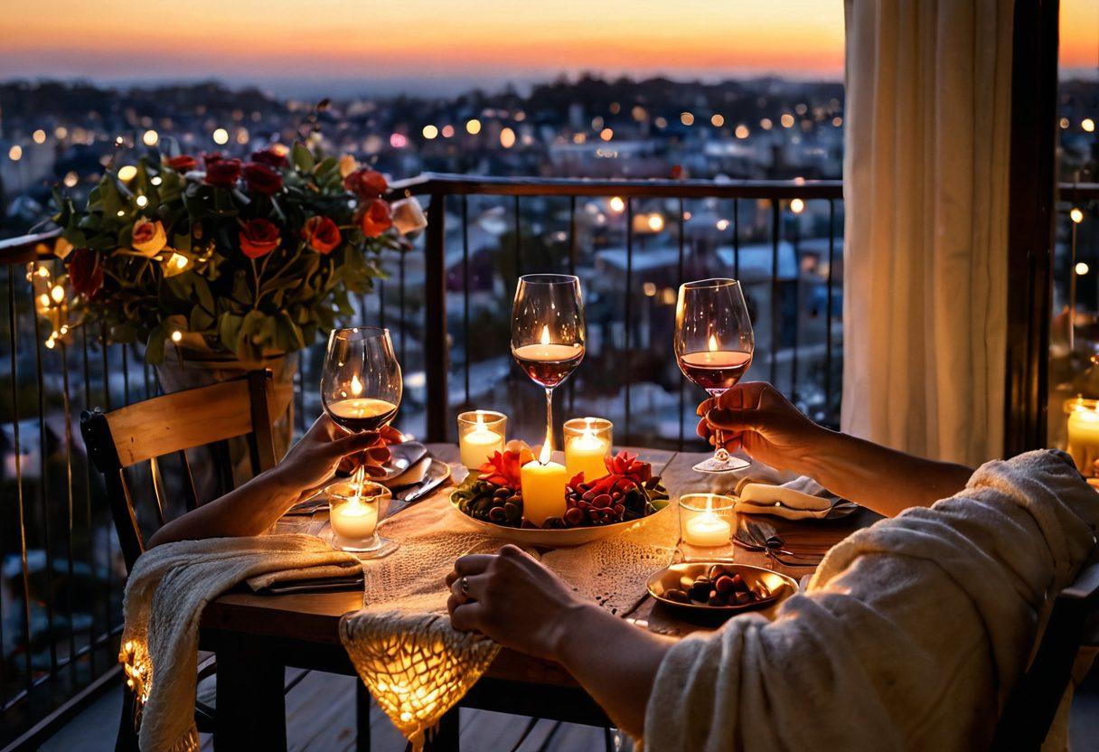 A beautifully set candlelit dinner table on a balcony, overlooking a sunset, with two wine glasses clinking softly. In the foreground, intertwined hands symbolize love and connection, and soft fairy lights twinkling in the background. A cozy blanket draped over a chair adds warmth to the intimate setting. super-realistic. vibrant colors. warm ambiance.