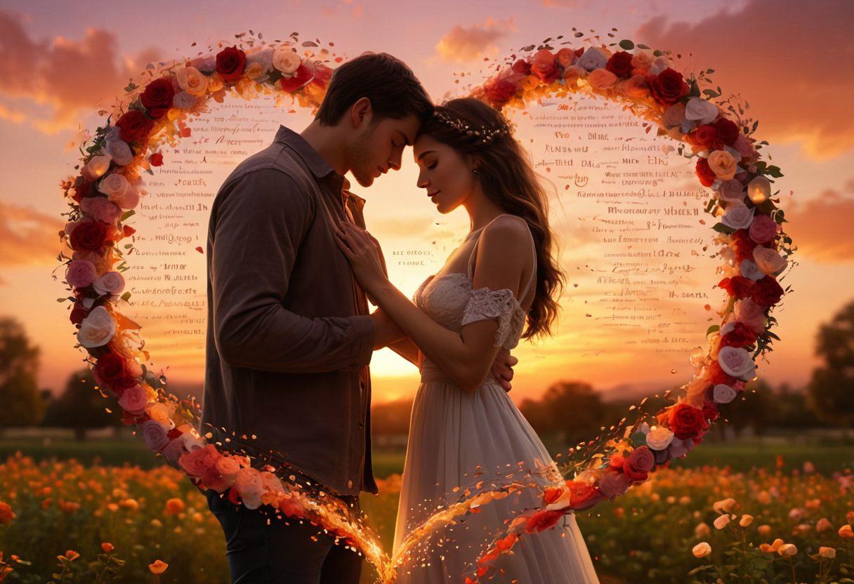 A passionate couple intertwined in an embrace, surrounded by swirling letters and quotes from romantic poetry, with soft, glowing hearts floating around them. The background transitions from warm sunset hues to deep twilight, symbolizing the journey from passion to devotion. Include subtle elements like blooming flowers and musical notes to enhance the romantic theme. super-realistic. vibrant colors. dreamy atmosphere.