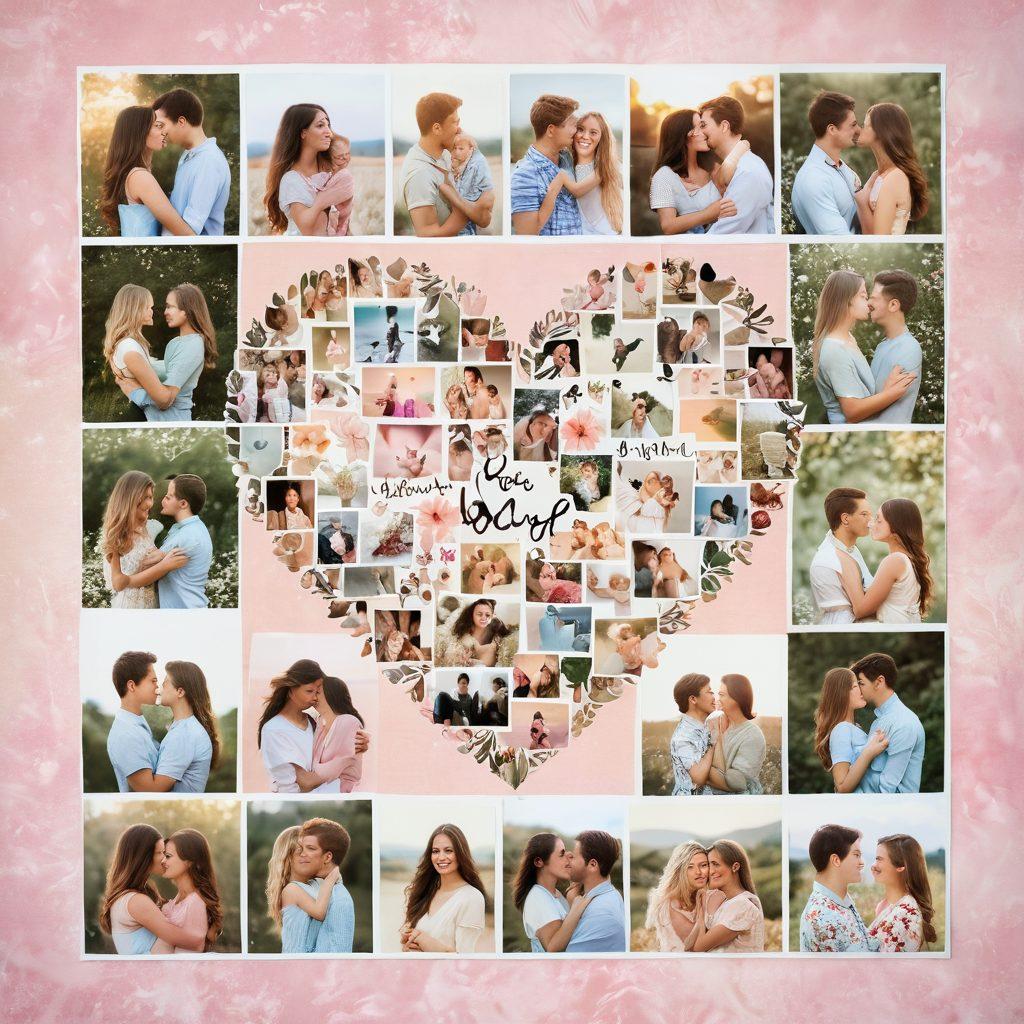 A heart-shaped collage made of photographs representing different expressions of love, such as couples holding hands, sharing laughter, and cozy moments. Add gentle light effects to create a warm ambiance, with delicate floral elements interwoven to symbolize growth and devotion. The background should be soft and dreamy, enhancing feelings of cherishing affection and romance. pastel colors. soft focus.